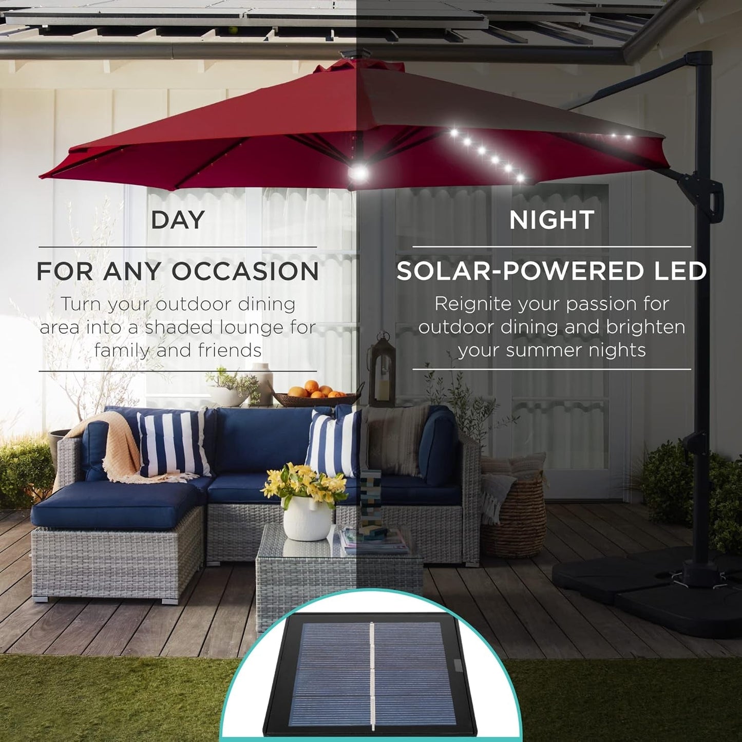 10Ft Solar LED Cantilever Patio Umbrella, 360-Degree Rotation Hanging Offset Market Outdoor Sun Shade for Backyard, Deck, Poolside W/Lights, Easy Tilt, Cross Base-2