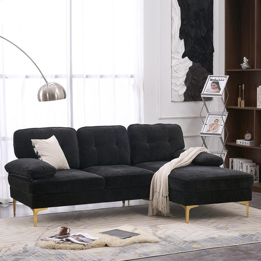 Sectional Sofa 83" L-Shape Sofa Couch 3-Seat Couch with Chaise Chenillefabric Upholstered for Living Room, Apartment, Office, Black-0