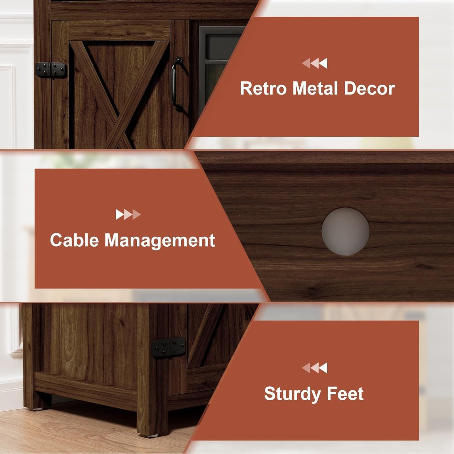 Farmhouse Fireplace TV Stand for Tvs up to 65 Inch Highboy Entertainment Center with Open Storage and Side Cabinets Rustic Media Console Table with Barn Doors for Living Room (Barnwood)-4