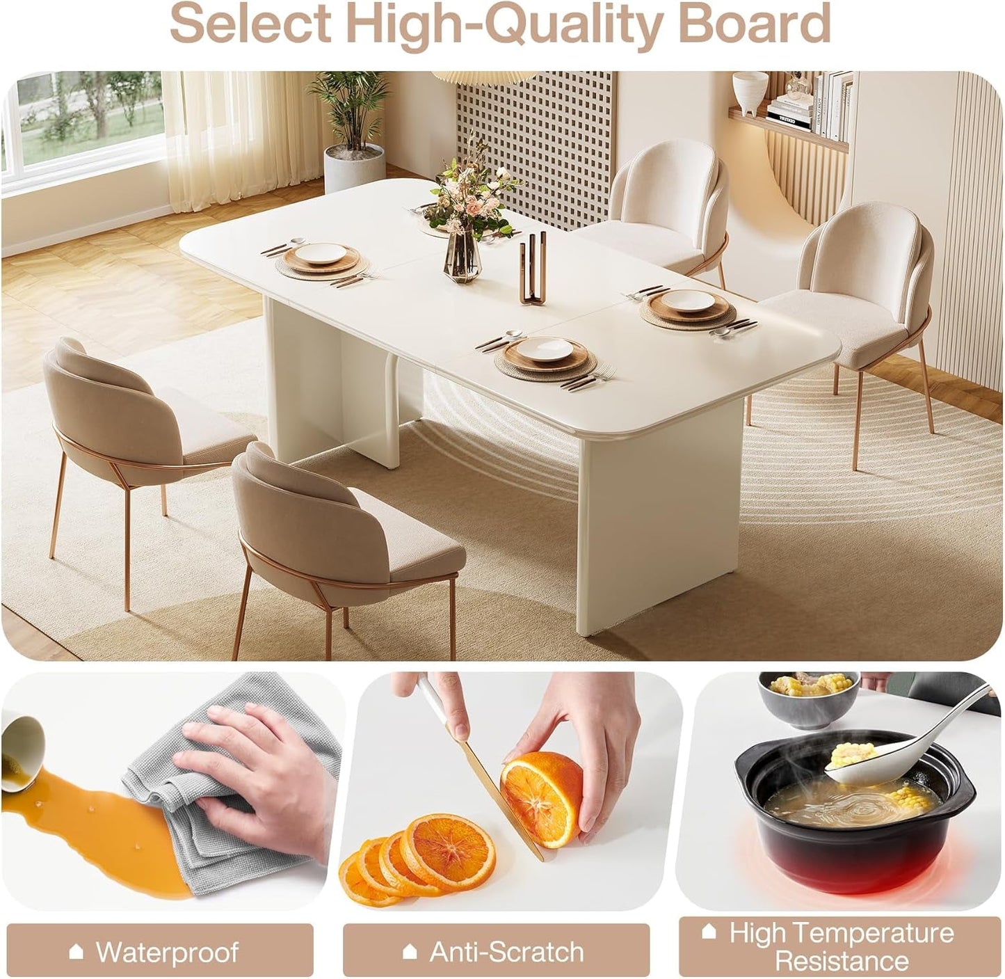 Modern Dining Table for 4-6 People, 62.99" Large Rectangle Kitchen Table with Arch Design Legs, Glossy White Dinner Table Kitchen & Dining Room Furniture-3