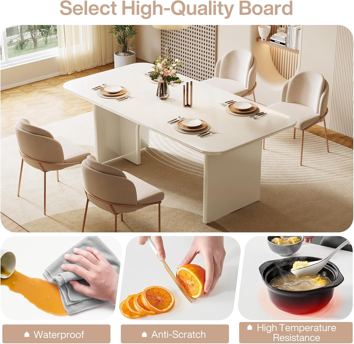 Modern Dining Table for 4-6 People, 62.99" Large Rectangle Kitchen Table with Arch Design Legs, Glossy White Dinner Table Kitchen & Dining Room Furniture-3