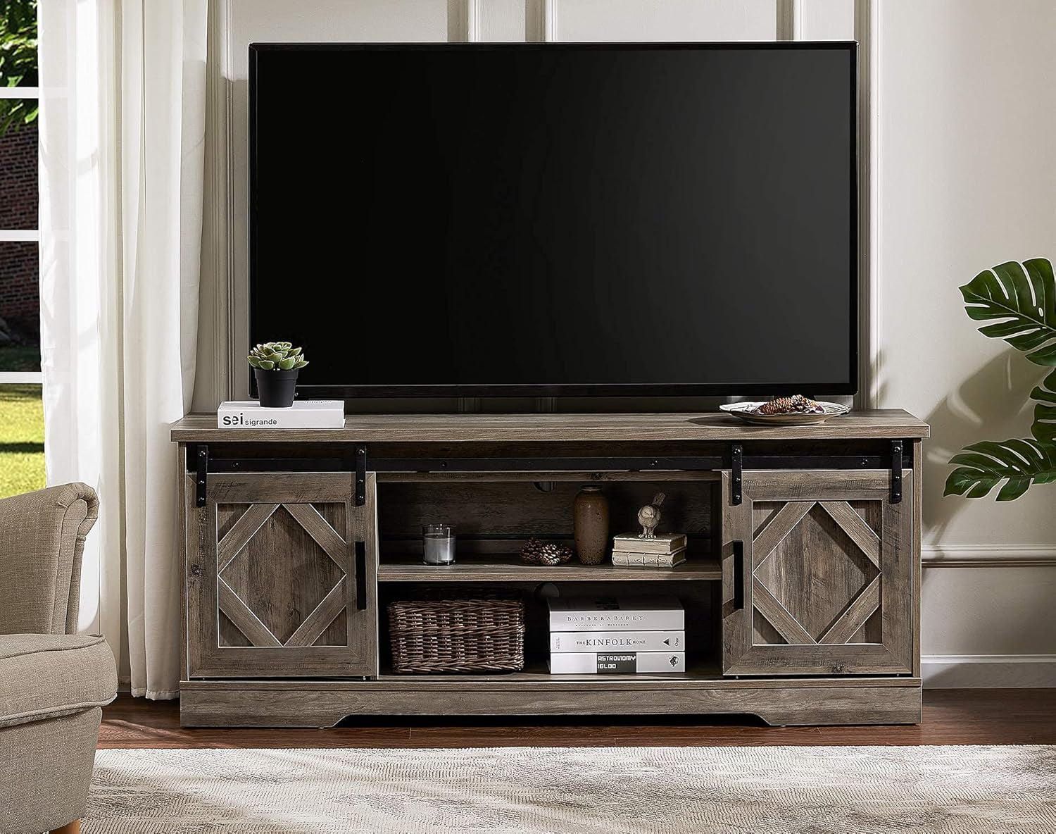 Farmhouse Sliding Barn Door TV Stand for Tvs up to 65 Inch, Modern Storage Entertainment Center, Wood Media Console Table Cabinet 3-Level Adjustable Shelf for Living Room, Wash Grey-0