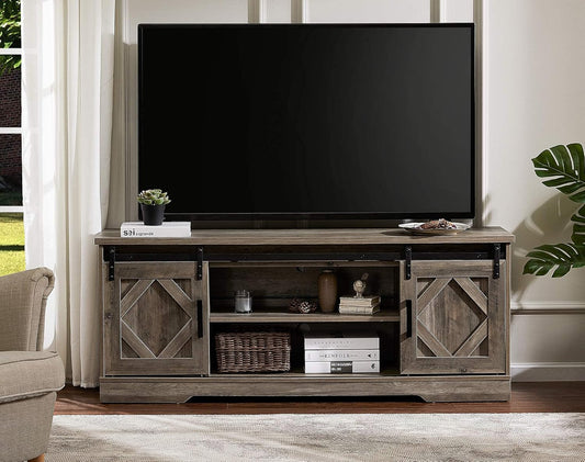 Farmhouse Sliding Barn Door TV Stand for Tvs up to 65 Inch, Modern Storage Entertainment Center, Wood Media Console Table Cabinet 3-Level Adjustable Shelf for Living Room, Wash Grey-0