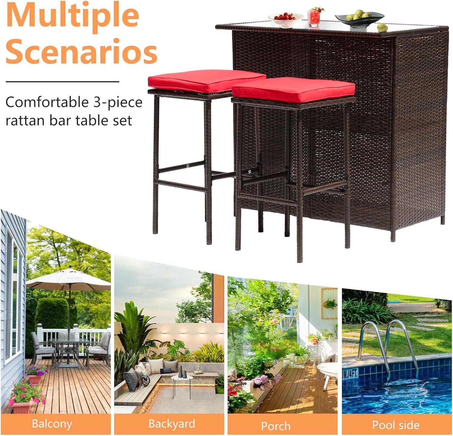 Rattan Bar Set 3Pcs Patio Wicker Bistro Set Sturdy Frame Bar Height Table with Glass Table Top Storage Shelves 2 Bar Stools for Patio Poolside Porch Outdoor Indoor, Khaki (Red)-2