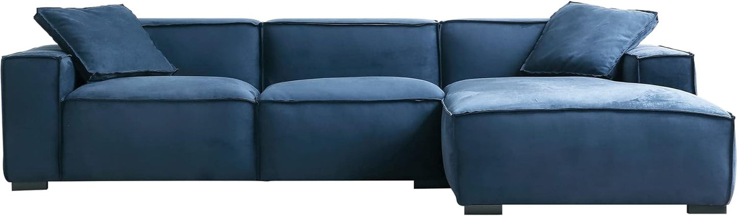Modern L-Shaped Deep Sectional Sofa Furniture Set for Living Room Lounge, Minimalist Style Comfy Suedette Upholstery Corner Couch with Chaise, Dark Blue-3