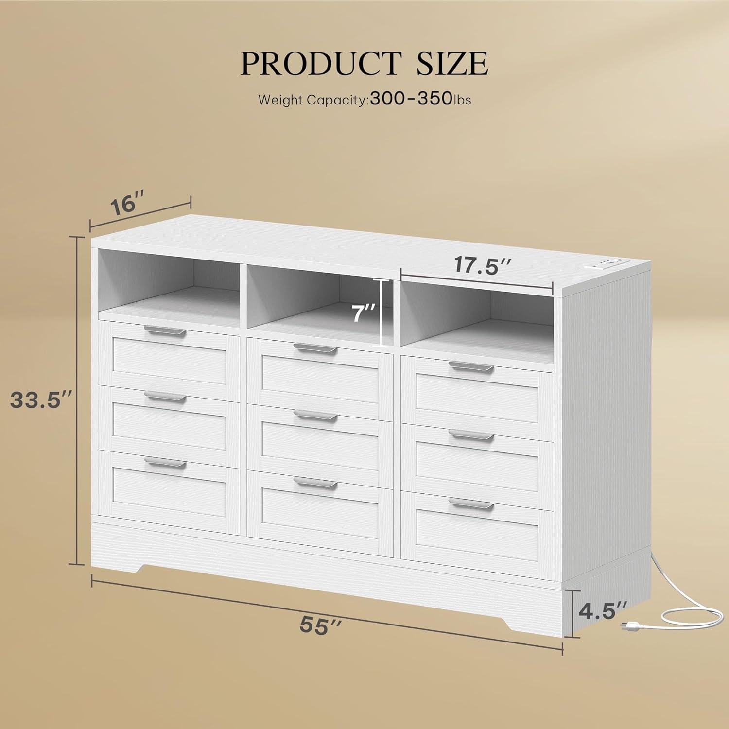 9 Drawer Double Dresser with LED Ligh, Modern Chests of Drawers with Power Outlet, High White Storage Dresser with Charging Station-White-1