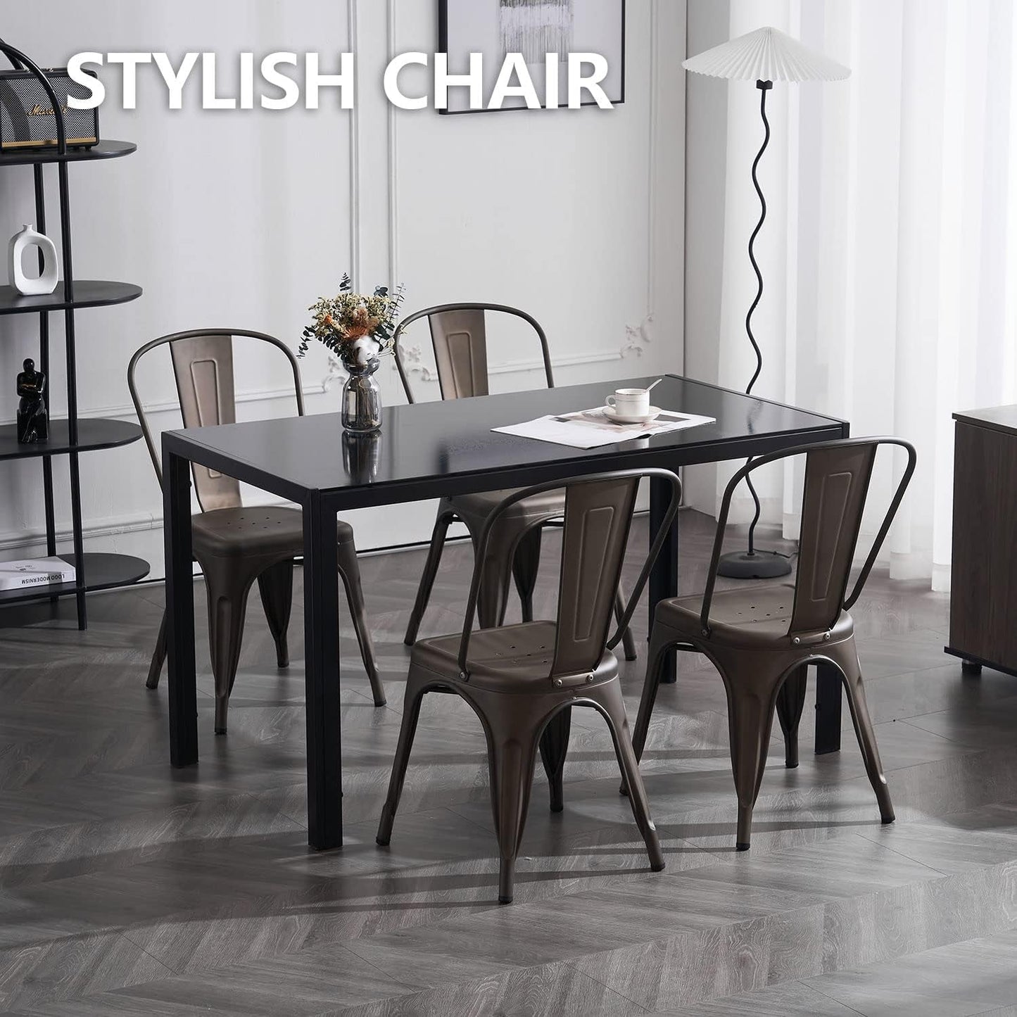 Metal Dining Chair Farmhouse Tolix Style for Kitchen Dining Room Café Restaurant Bistro Patio, 18 Inch, Stackable, Waterproof Indoor/Outdoor (Sets of 4) (Steel Seat, Bronze)-4