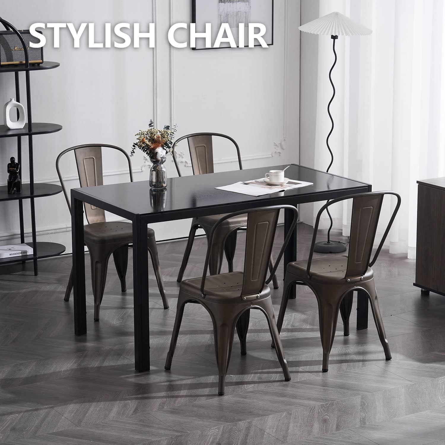 Metal Dining Chair Farmhouse Tolix Style for Kitchen Dining Room Café Restaurant Bistro Patio, 18 Inch, Stackable, Waterproof Indoor/Outdoor (Sets of 4) (Steel Seat, Bronze)-4