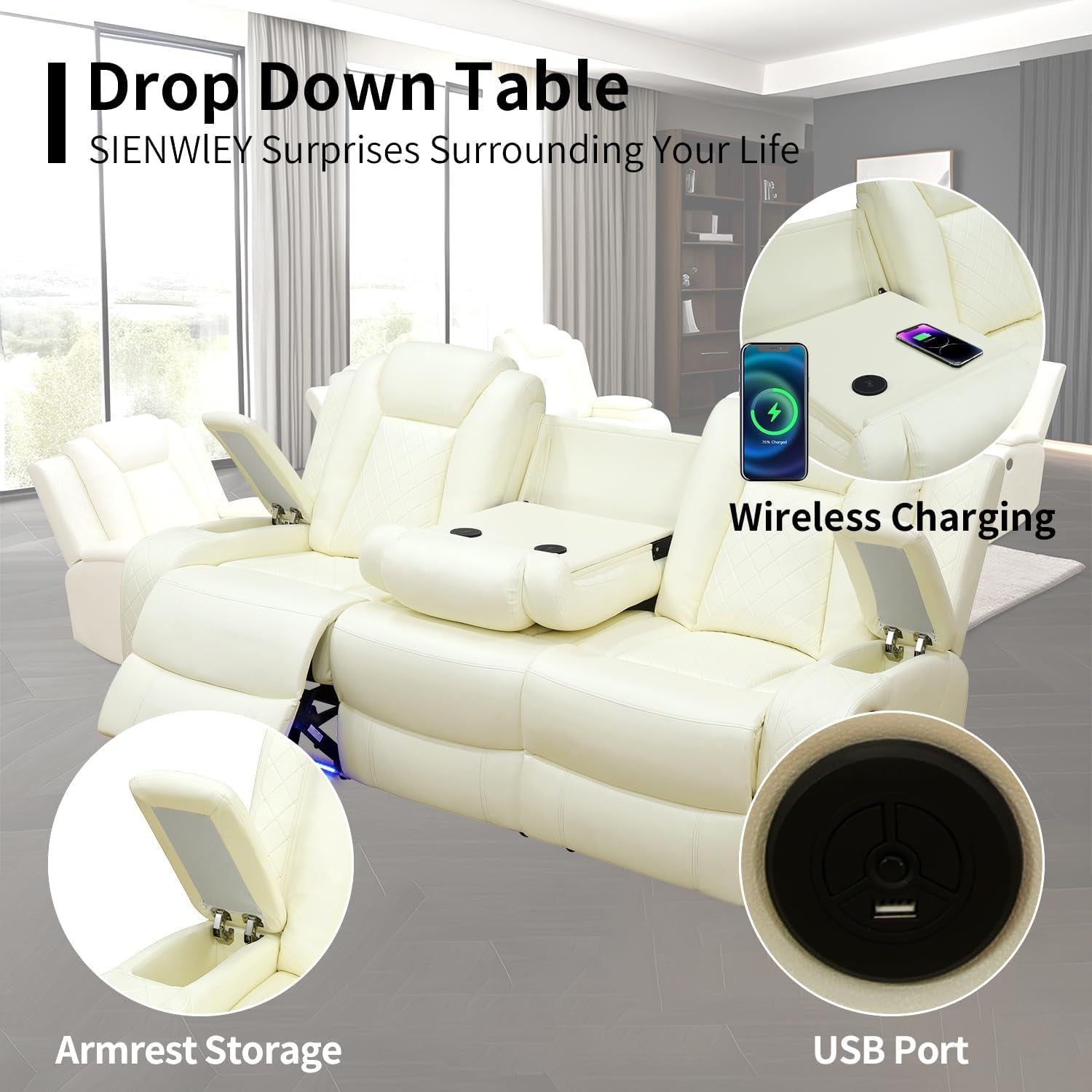 Power White Leather Reclining Sofa Set with LED Light for Living Room Set，Theater Seat Recliner Chair and 3 Seats Double Recliner Sofa with Drop-Down Table/Read Light/Wireless Charge/Usb Port-2