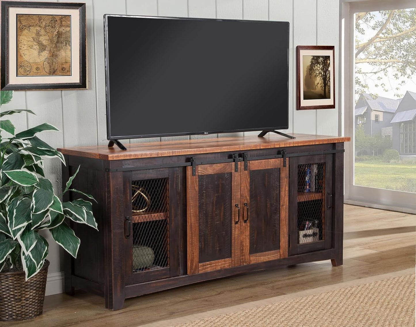 Santa Fe Solid Wood TV Stand, 65", Antique Black and Aged Distressed Pine-2