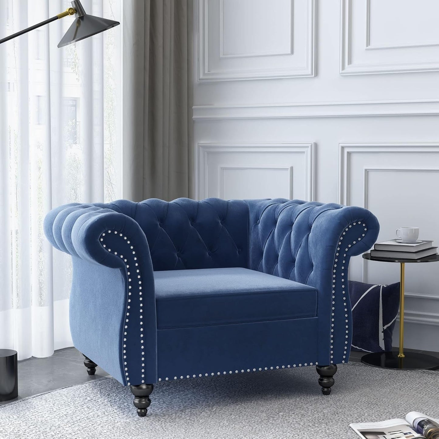 2 Piece Living Room Set, Velvet Chesterfield Sofa Loveseat Couch Chair with Scroll Arms and Nailhead for Living Room, Office (Blue)-3