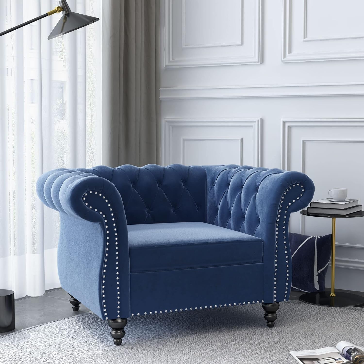 2 Piece Living Room Set, Velvet Chesterfield Sofa Loveseat Couch Chair with Scroll Arms and Nailhead for Living Room, Office (Blue)-3