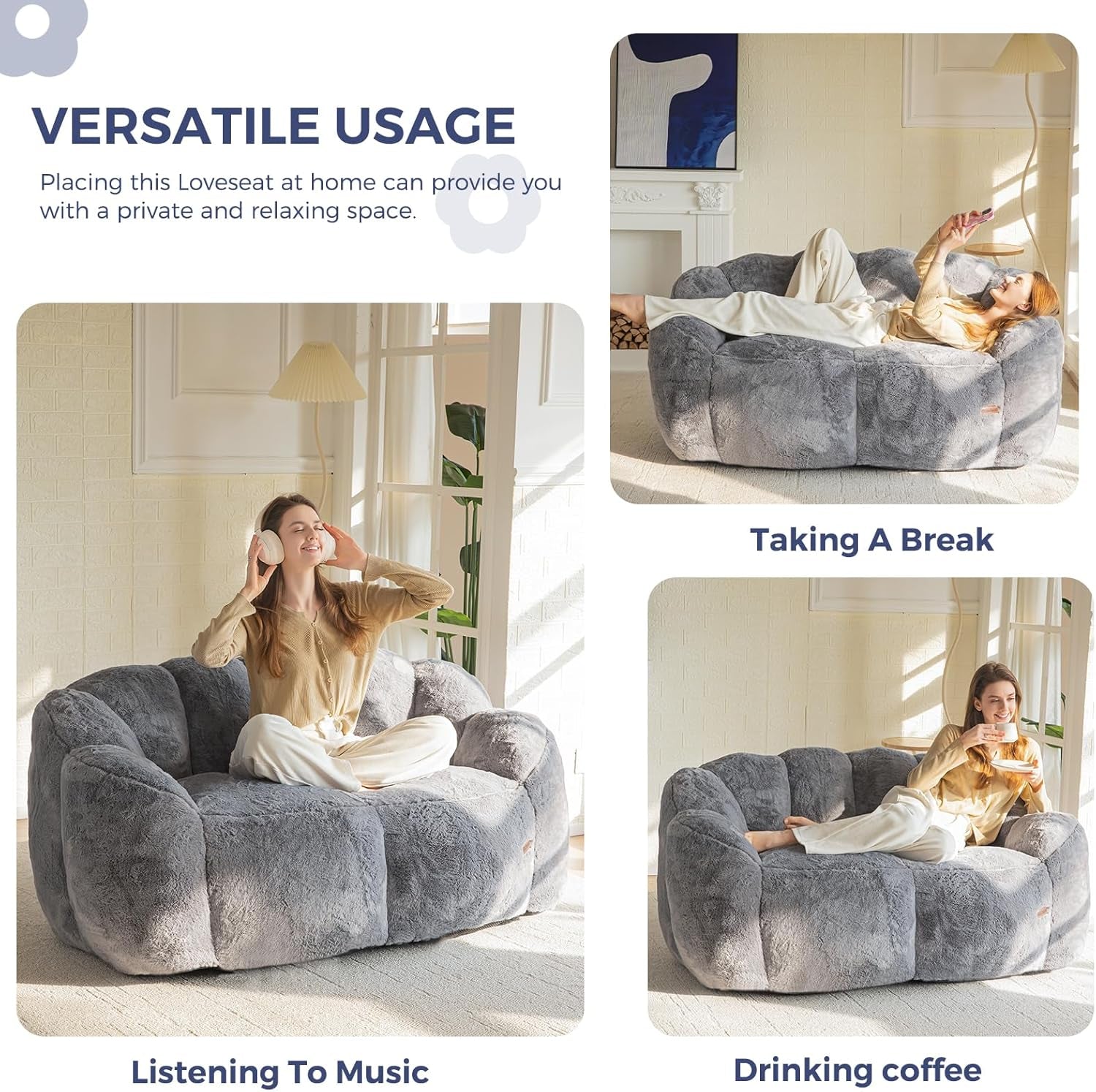 Bean Bag Chair for Adults, Loveseat Floral Shaped Bean Bag Sofa, Ultra Soft Love Seat Mini Sofa Couch, Faux Fur Reading Chair for Living Room Bedroom, Dark Grey-2