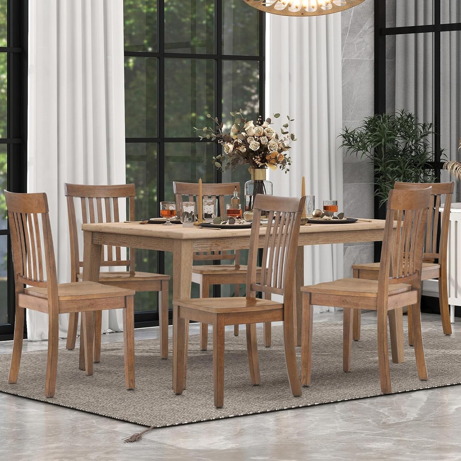 Wooden Dining Room Chairs Set of 6, Spindle High Back Windsor Kitchen Side Chair, Farmhouse Dining Chairs for Kitchen, Dining Room, Light Brown-0