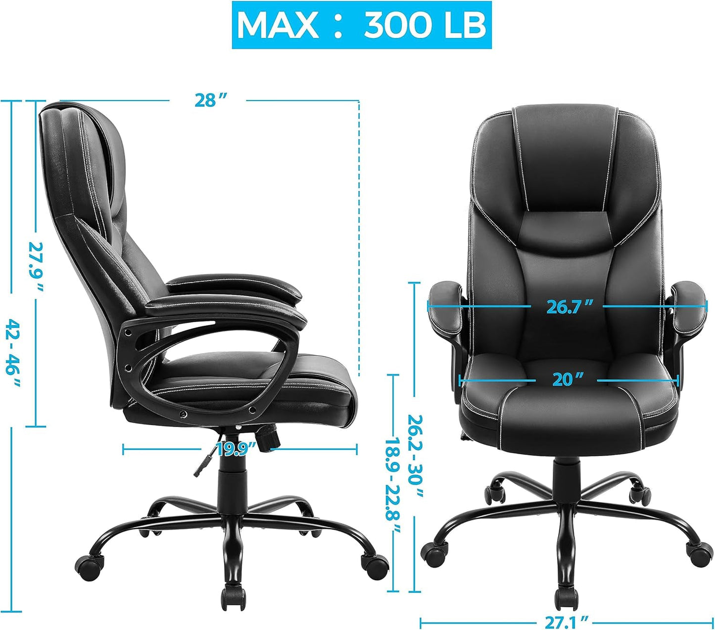 High Back Executive Chair Faux Leather Managerial Chair Ergonomic Task Chair Computer Meeting Chair Large Seat Swivel Chair, Sturdy Metal Base, Black-2