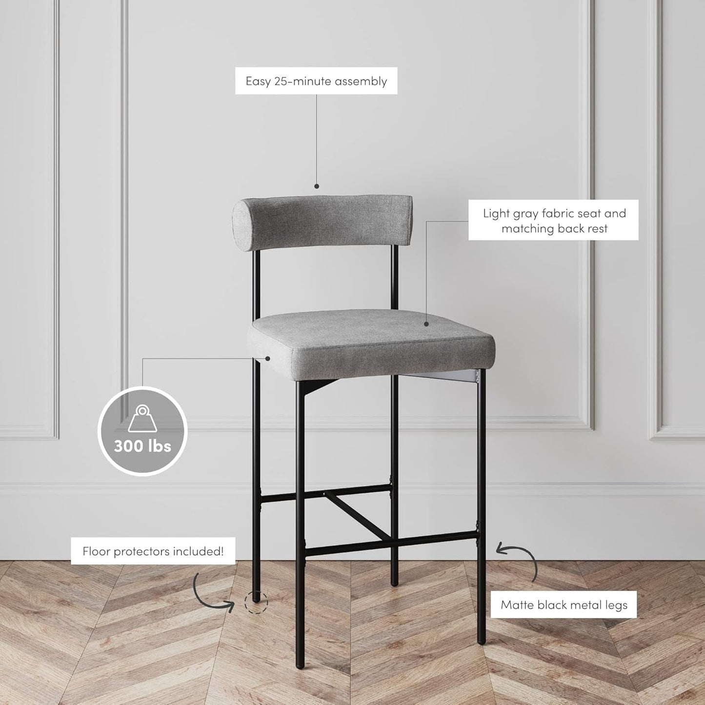 Dahlia Counter Height Chair, Modern Barstool with Back, Mid-Century Metal Legs and Padded Cushion for Kitchen, Island and Bars, Light Grey/Black-3