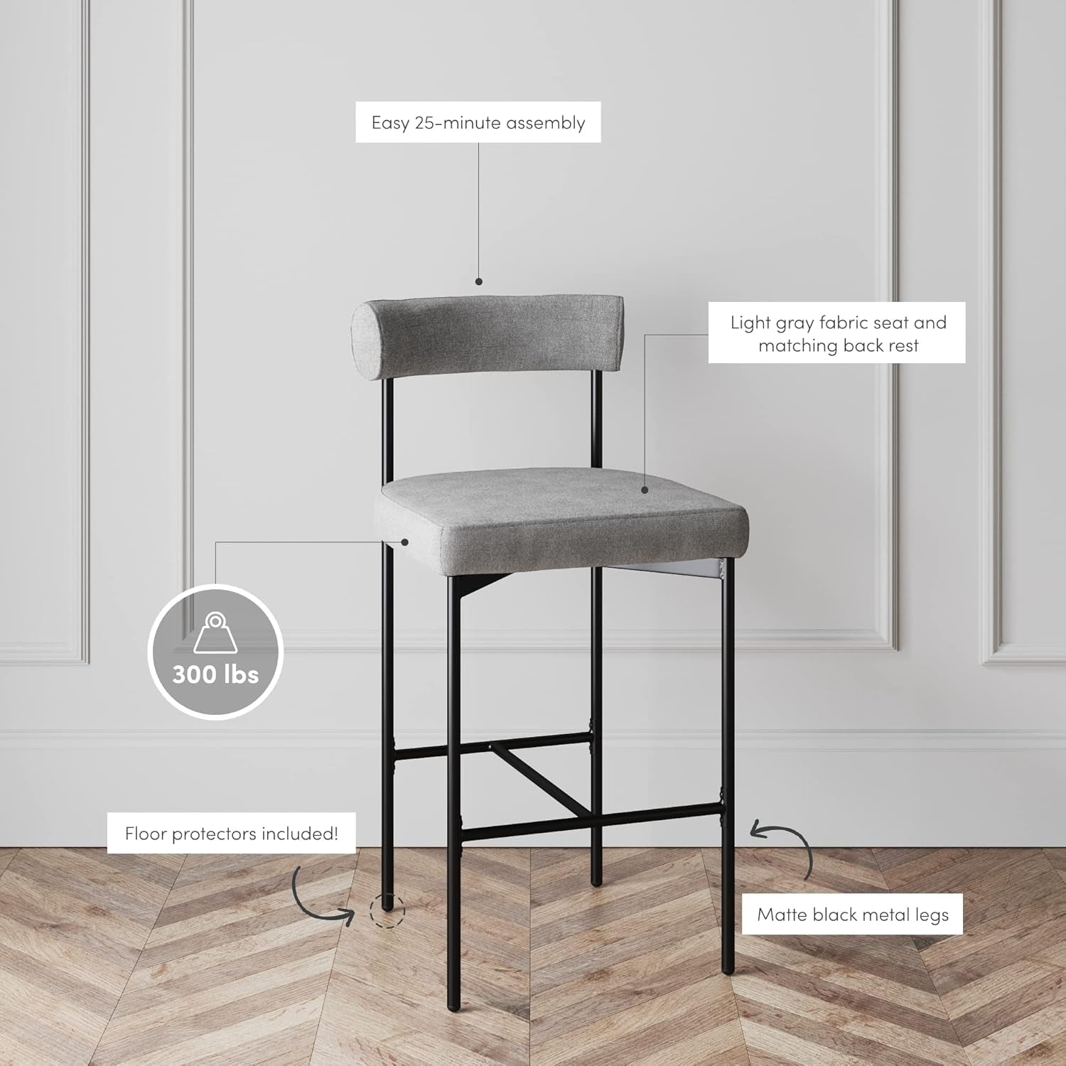 Dahlia Counter Height Chair, Modern Barstool with Back, Mid-Century Metal Legs and Padded Cushion for Kitchen, Island and Bars, Light Grey/Black-3