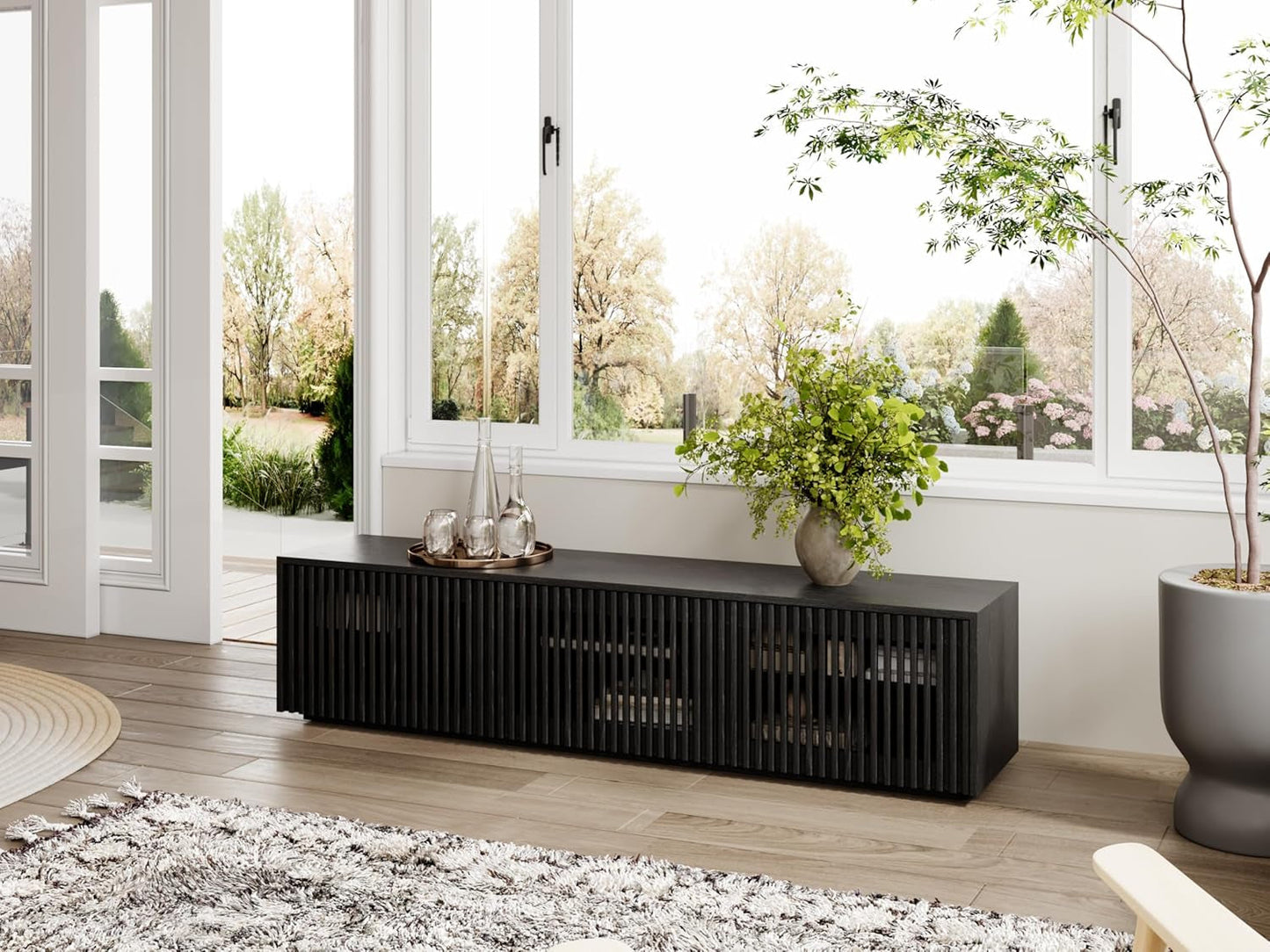 Modern Solid Wood TV Stand, Black Entertainment Center for 65 Inch TV, Full Assembled Media Console with Storage, Farmhouse Low TV Cabinets for Living Room Bedroom, Oak Veneer-4