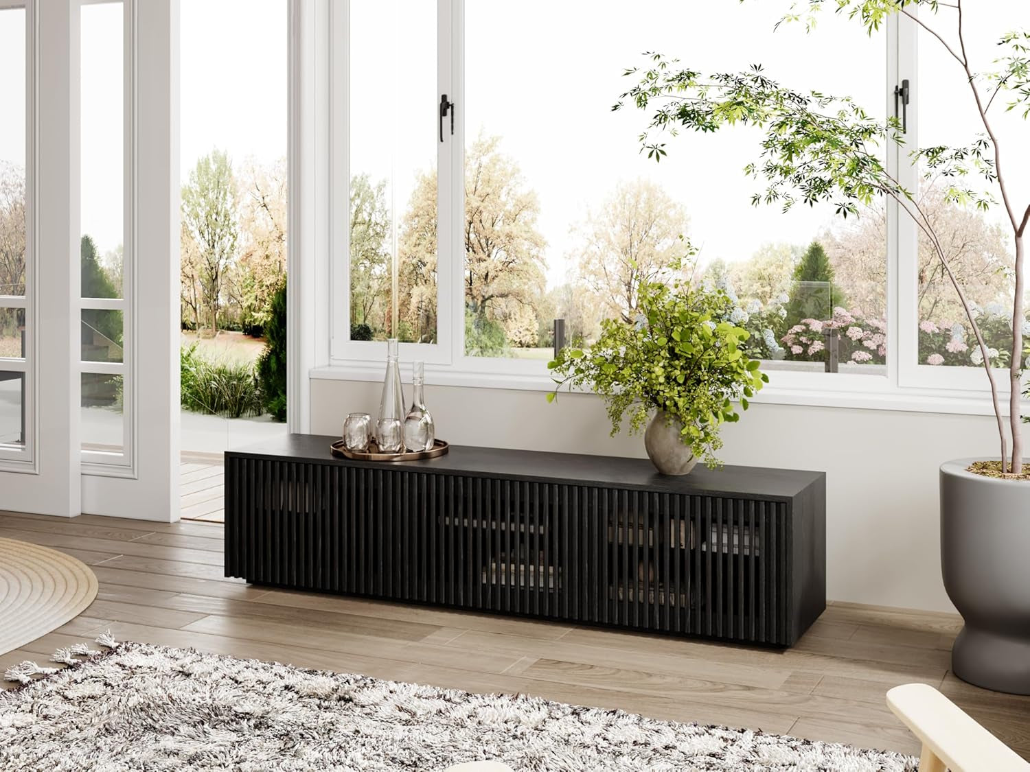 Modern Solid Wood TV Stand, Black Entertainment Center for 65 Inch TV, Full Assembled Media Console with Storage, Farmhouse Low TV Cabinets for Living Room Bedroom, Oak Veneer-4