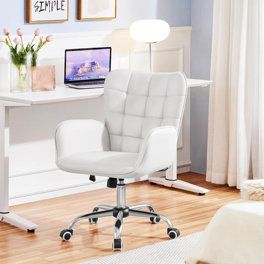 Faux Leather Office Chair Modern Vanity Chair Ergonomic Adjustable Makeup Chair with Padded Armrests Big Seat for Office, Bedroom, Living Room, White-1
