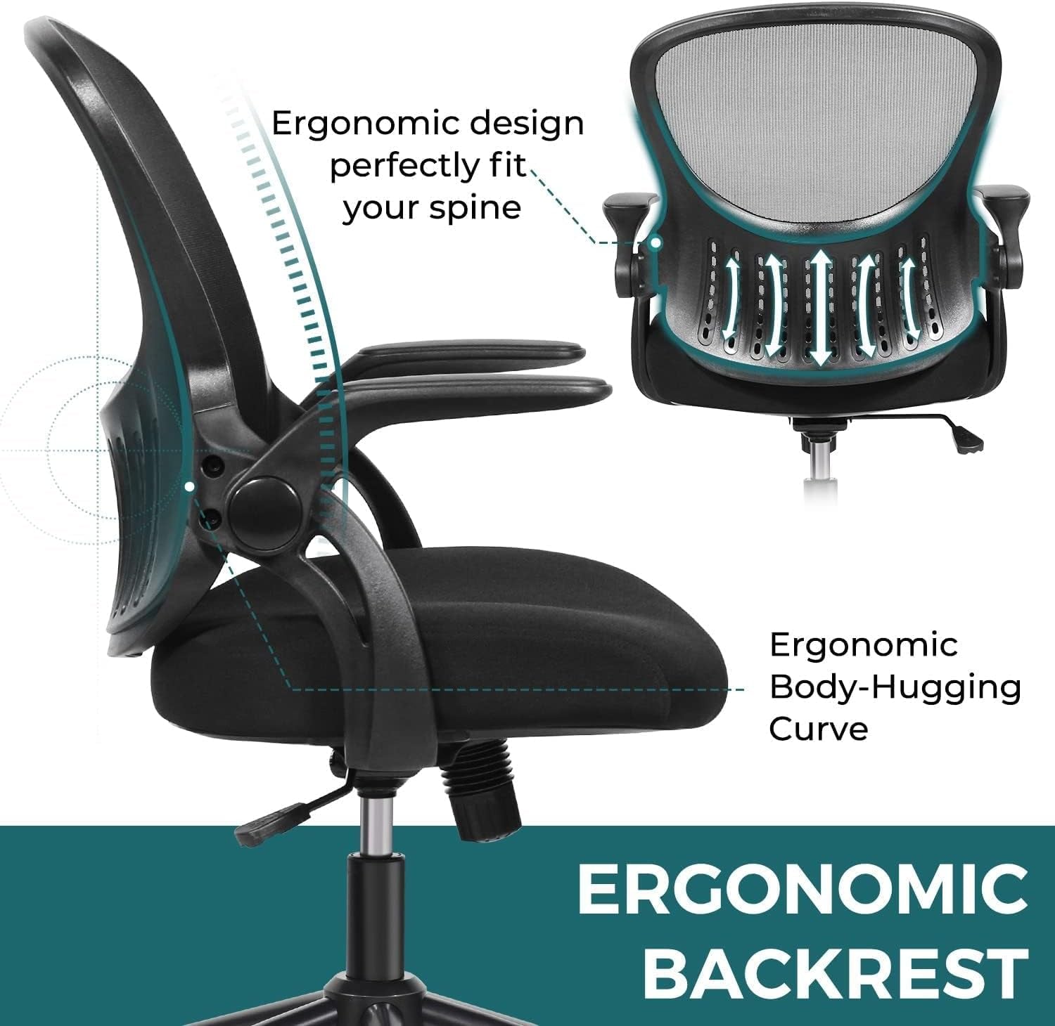 Office Computer Gaming Desk Chair, Ergonomic Mid-Back Mesh Rolling Work Swivel Chairs with Flip-Up Arms, Comfortable Lumbar Support, Comfy Arms for Home, Bedroom, Study, Student, Adults, Black-3