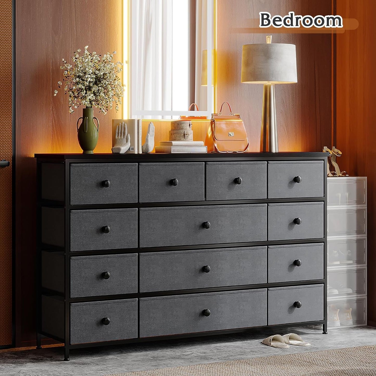 13 Dresser for Bedroom, Wide Dresser with 13 Drawers, Dressers & Chests of Drawers with Wood Top, Fabric Dresser for Bedroom Living Room Entryway,11.8" D X 39.4" W X 31.49" H,Dark Grey-4