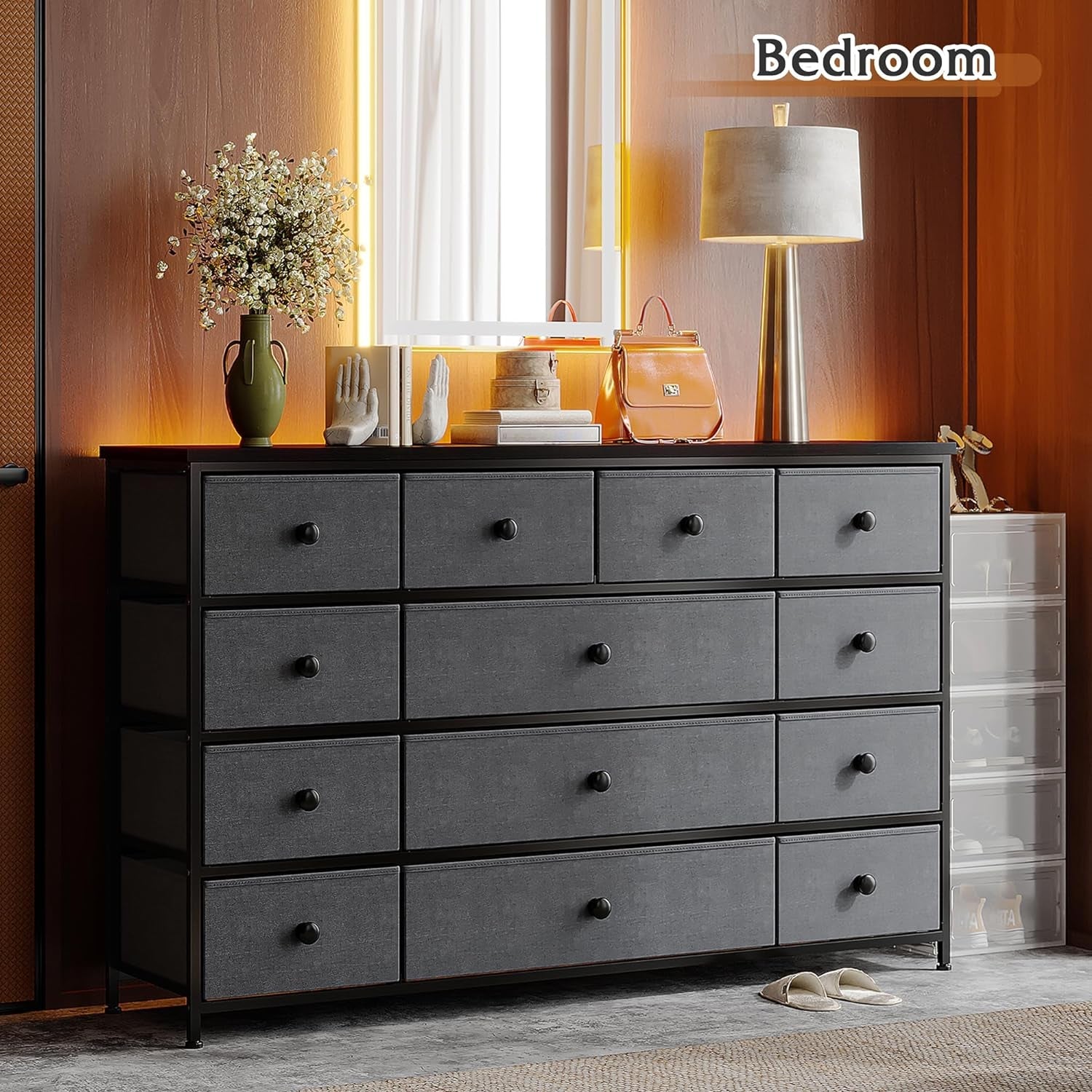 13 Dresser for Bedroom, Wide Dresser with 13 Drawers, Dressers & Chests of Drawers with Wood Top, Fabric Dresser for Bedroom Living Room Entryway,11.8" D X 39.4" W X 31.49" H,Dark Grey-4