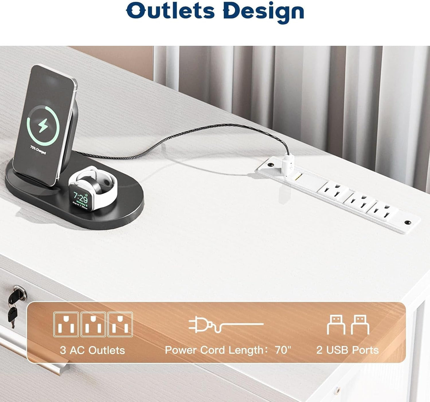 File Cabinet with Charging Station Filing Cabinet for Home Office, Large File Cabinets with Lock, Office Storage Cabinet 2 Drawer for Legal/Letter/A4 File, White-3