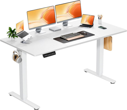 Standing Adjustable Height Desk, Electric 63 X 24 Inch Sit to Stand up Rising Computer Gaming Table with 3 Memory Presets, Splice Board, T-Shaped Bracket Home Office Workstation, White-0