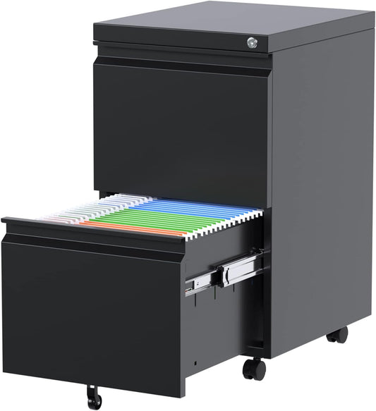 2 Drawer Vertical File Cabinet with Lock, Mobile Metal Filing Cabinet for Legal/Letter Size, Office Storage File Cabinet under Desk, Fully Assembled except Wheels, Black-0