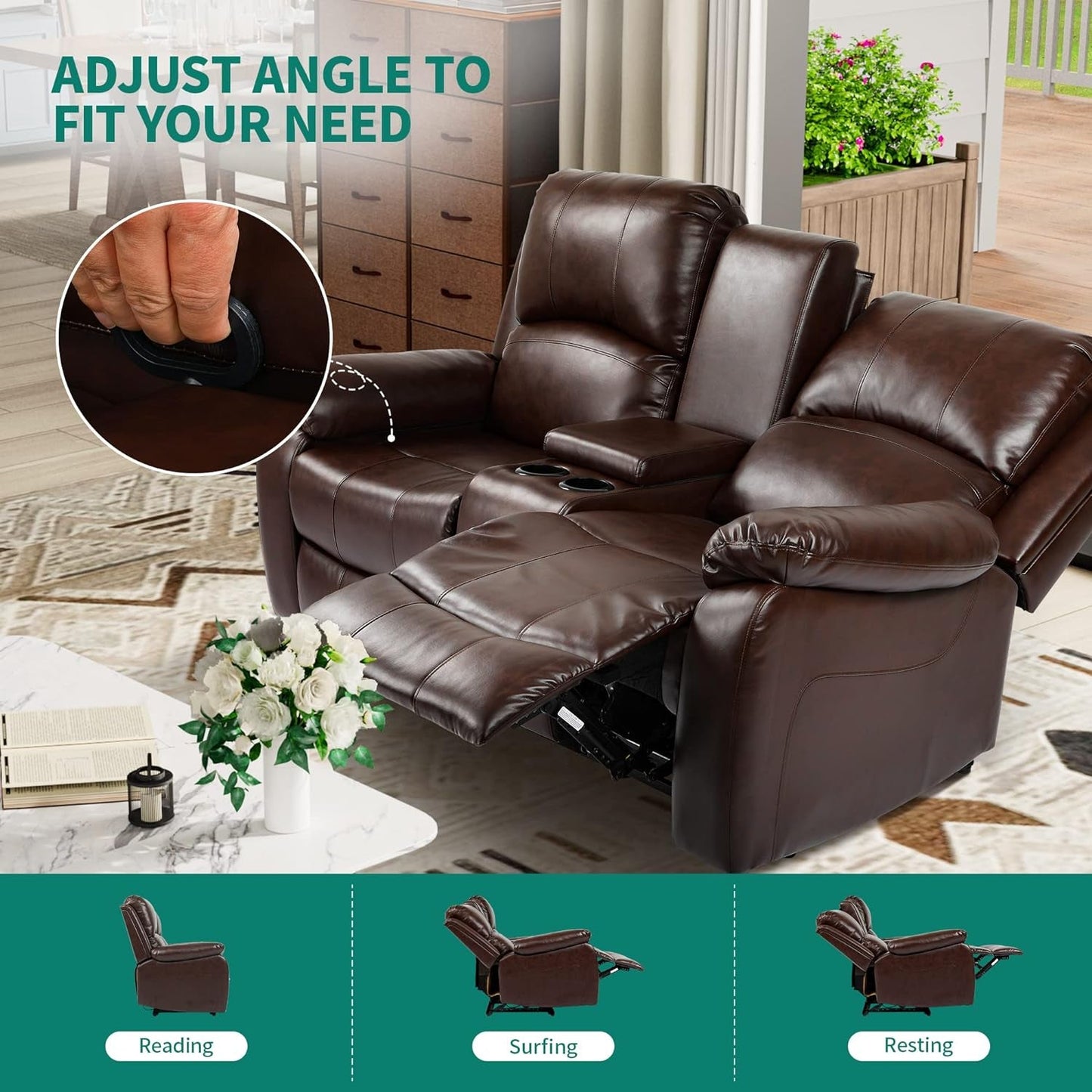 RV Loveseat Recliner, Manual Double Recliner, Love Seat Recliner Sofa with Storage Console, 2 Seater Home Theater Seating with Cup Holders and Side Pocket for Living Room, Office-2