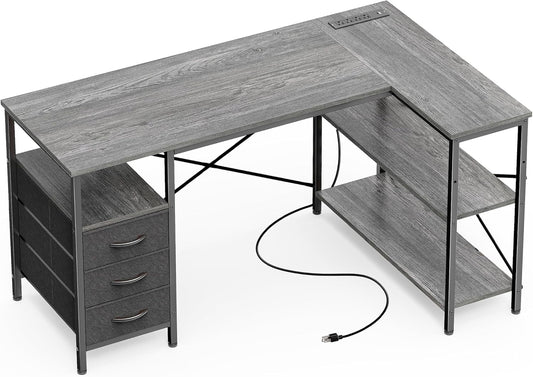 L Shaped Desk with Power Outlets, Computer Desk with 3 Drawers, 47 Inch Office Desk with Shelves, Gaming Desk, Corner Desk Work Desk for Home Office, Study, Grey-0