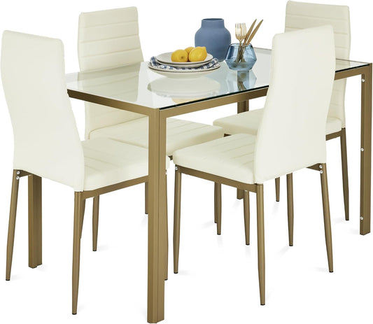 5-Piece Glass Dining Set, Modern Kitchen Table Furniture for Dining Room, Dinette, Compact Space-Saving W/Glass Tabletop, 4 Upholstered PU Chairs, Metal Steel Frame - Ivory/Gold-0