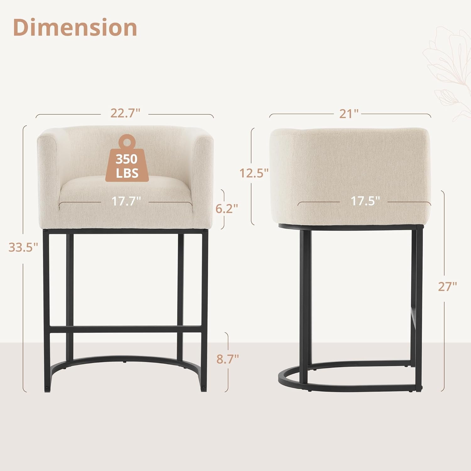 27" H Counter Height Bar Stools, Modern Barrel Counter Stools with Backrest and Arms, Black Metal Frames, Linen Fabric Upholstered Accent Barstools for Kitchen Island, Linen Color-1