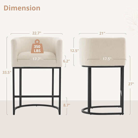 27" H Counter Height Bar Stools, Modern Barrel Counter Stools with Backrest and Arms, Black Metal Frames, Linen Fabric Upholstered Accent Barstools for Kitchen Island, Linen Color-1