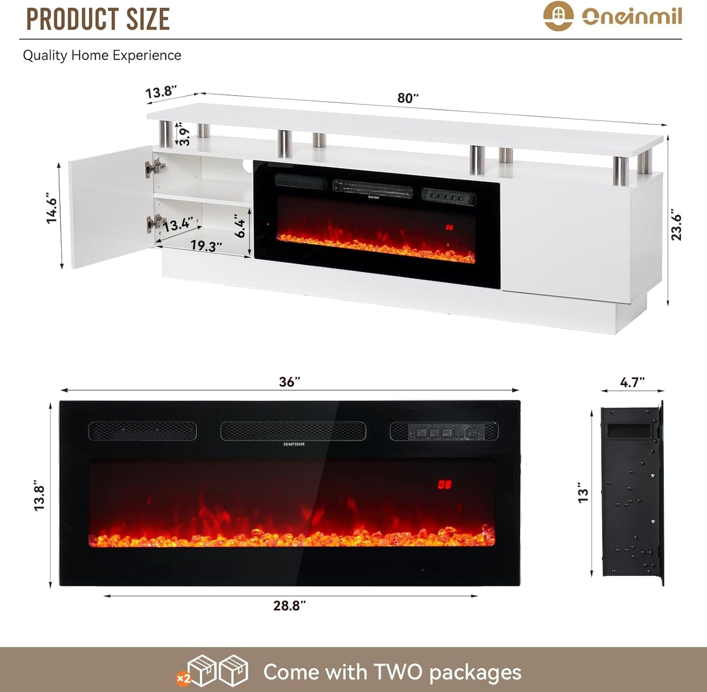 80" Modern Electric Fireplace TV Stand for Tvs up to 90 Inch, with Electronic Flame and LED Lights, Luxury High Gloss Finish Entertainment Center, TV Console Cabinet for Living Room, White-4