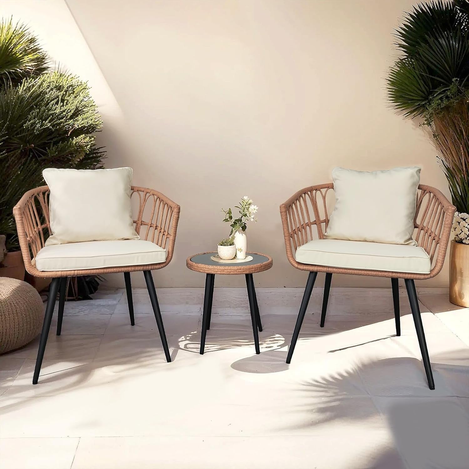 3 Piece Patio Wicker Bistro Set, All-Weather Outdoor Balcony Furniture Set with Tempered Glass Table and Cushioned Chairs for Balcony, Porch, or Backyard, Beige-1