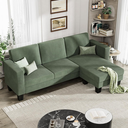 L-Shaped Convertible Sectional Sofa 3 Seater with Corduroy Fabric, Complete with Mobile Footrest, for Living Room, Apartment and Office, 70", Green-0