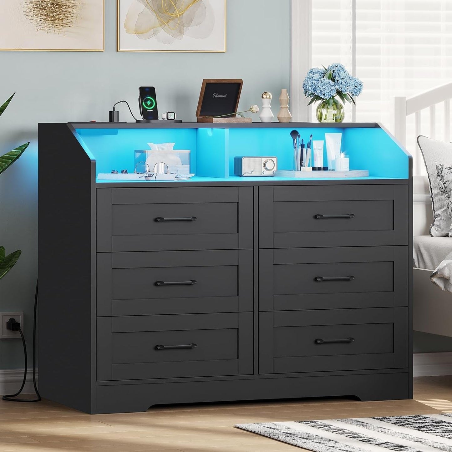 Black Dresser for Bedroom with LED Lights and Charging Station, Modern Wood 6 Drawers Storage Tower Clothes Organizer, Large Capacity Chest of Drawers Storage Cabinet for Bedroom, Living Room-0