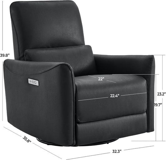 Power Recliner Chair Swivel Glider, FSC Certified Upholstered Faux Leather Living Room Nursery Reclining Sofa Chair with Lumbar Support, Black-1