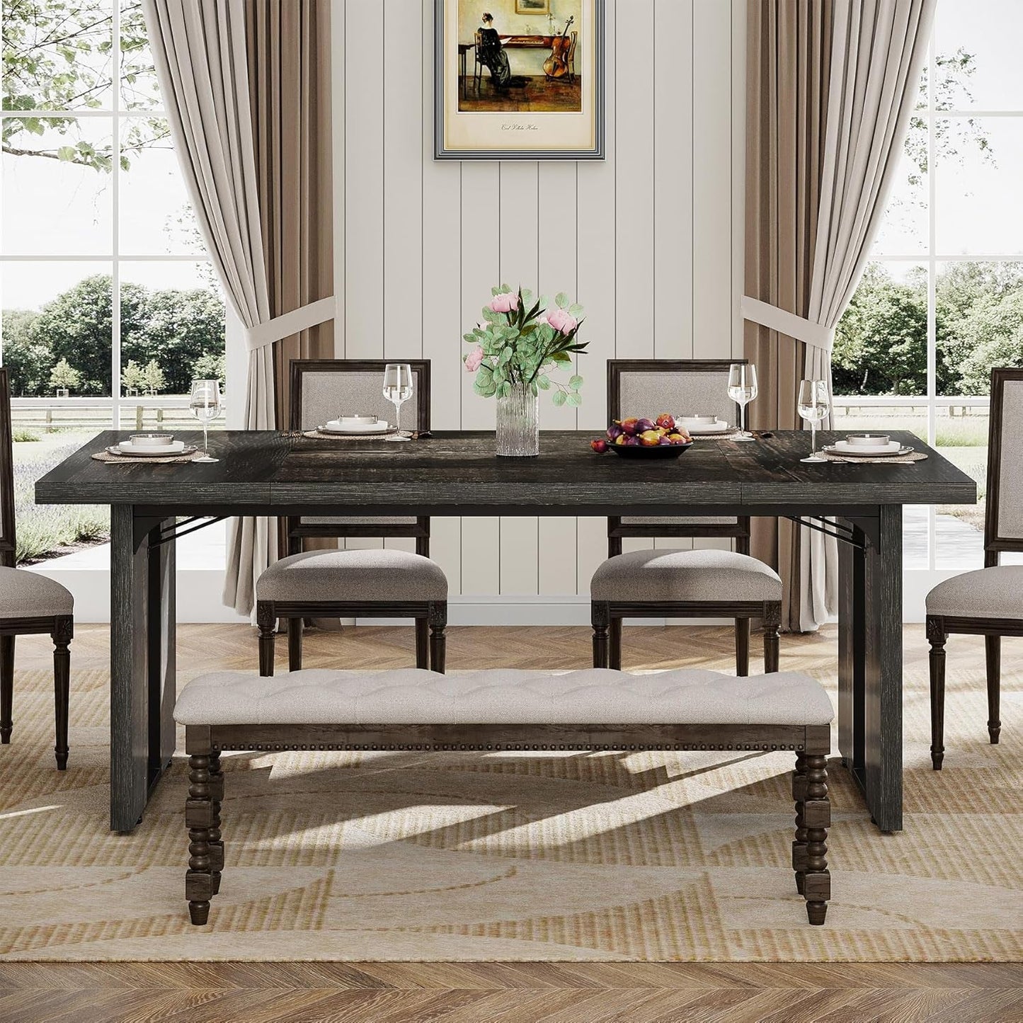 71" Large Dining Table for 6 to 8 People, Rustic Farmhouse Style Dinner Table, Rectangular Dining Table for Kitchen, Dining Room & Living Room-4