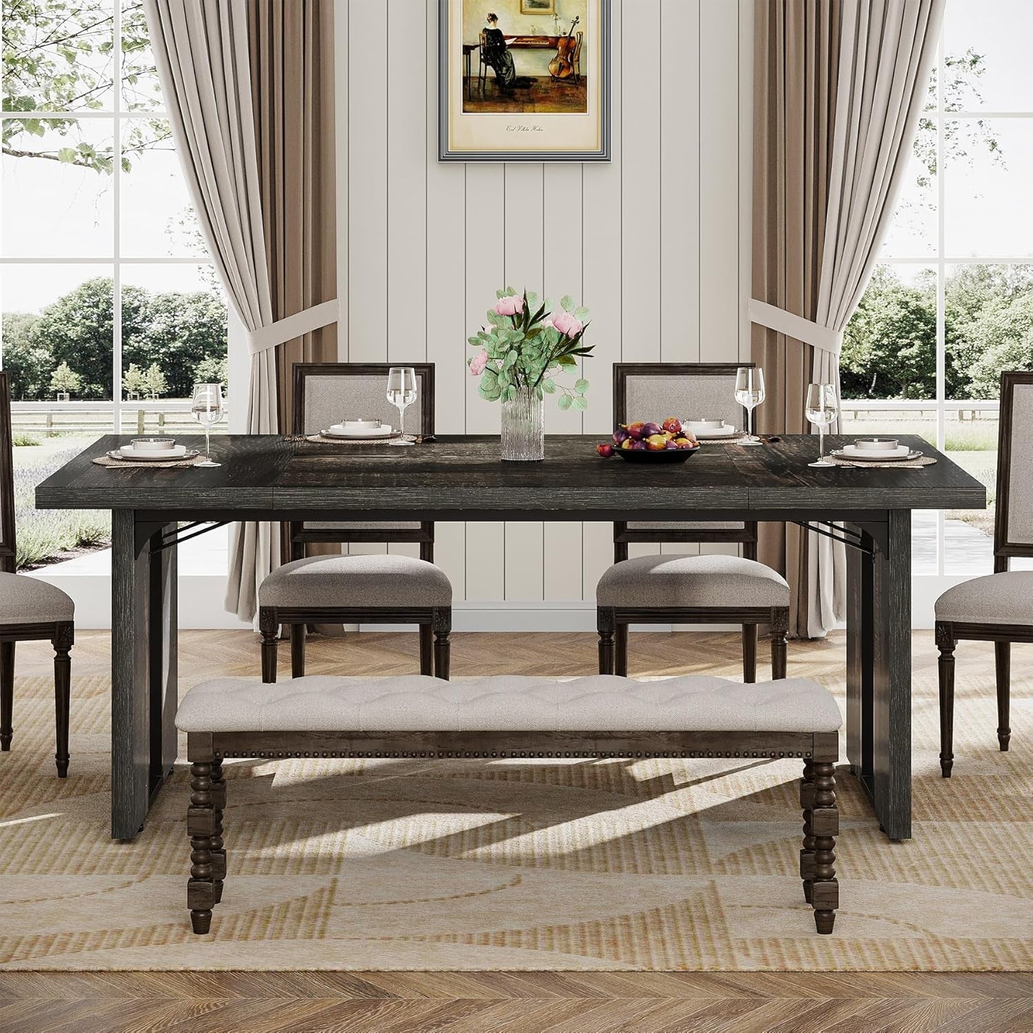 71" Large Dining Table for 6 to 8 People, Rustic Farmhouse Style Dinner Table, Rectangular Dining Table for Kitchen, Dining Room & Living Room-4