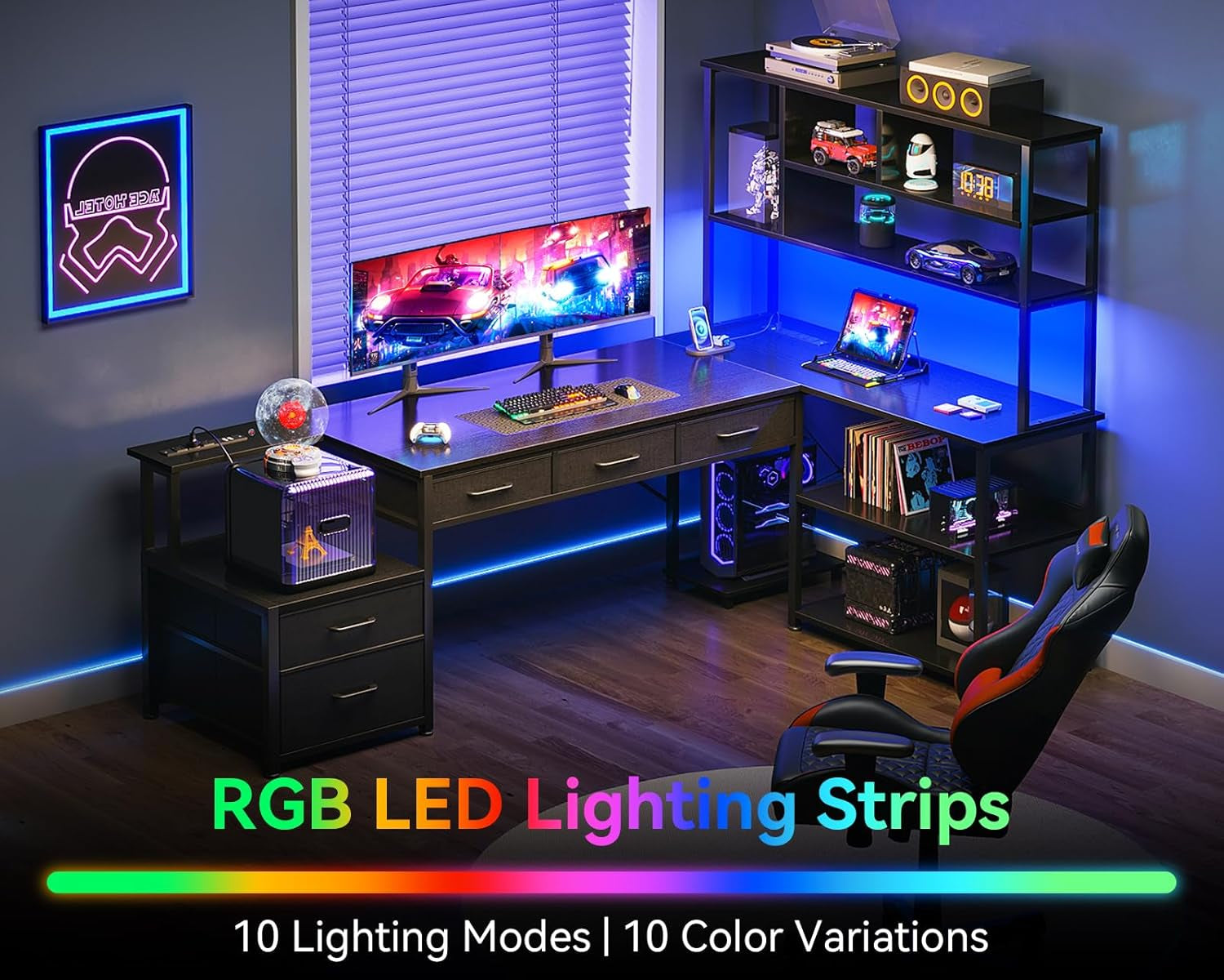 79 Inch L Shaped Desk with File Drawers, Reversible L Shaped Gaming Desk with Power Outlets & LED Lights, Computer Desk with Storage Shelves for Home Office, Black-2