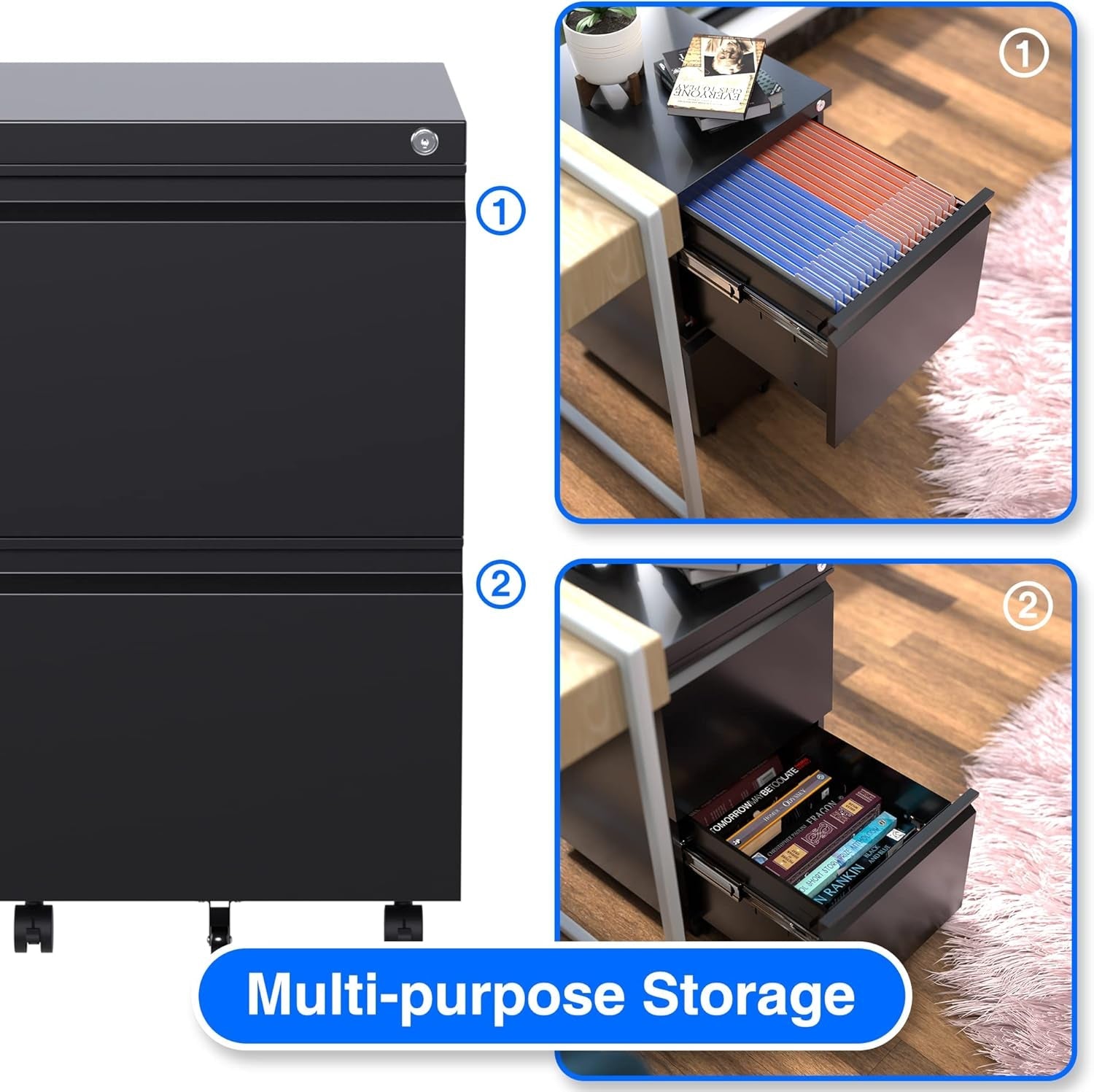 2 Drawer Vertical File Cabinet with Lock, Mobile Metal Filing Cabinet for Legal/Letter Size, Office Storage File Cabinet under Desk, Fully Assembled except Wheels, Black-3