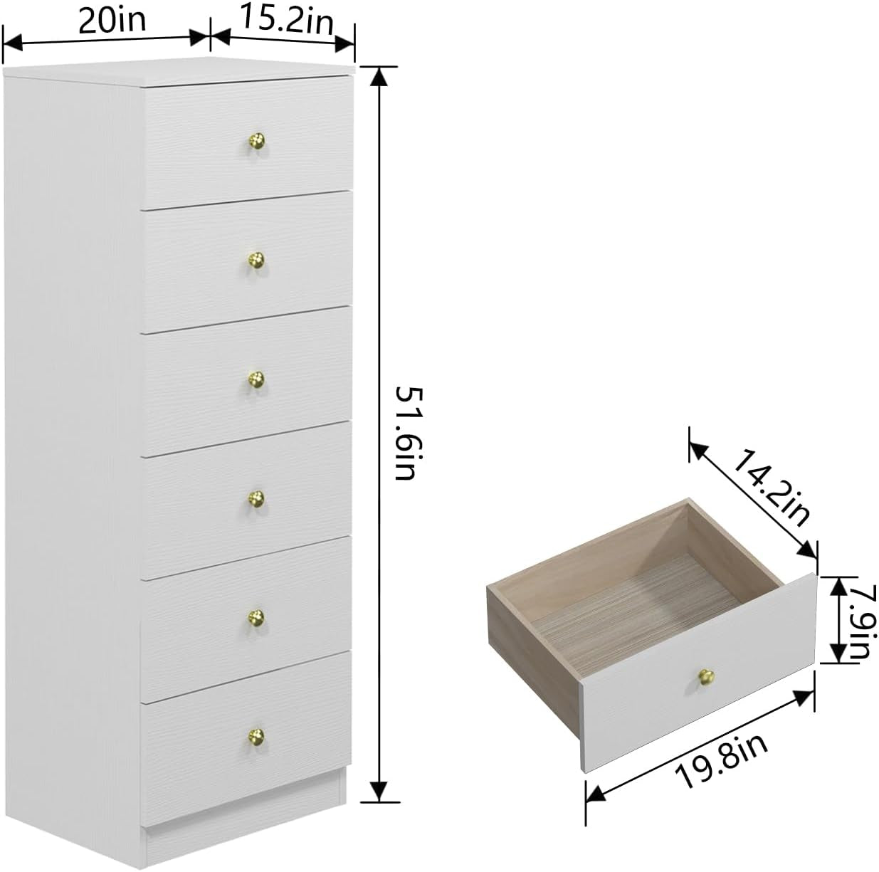 Modern 6 Drawer Vertical Dresser, Wood Tall Chest of Drawers N Arrow Storage Organizer with Wide Drawers & Metal Gold Handles for Bedroom, Living Room, Office, Hallway, Entryway (White)-2