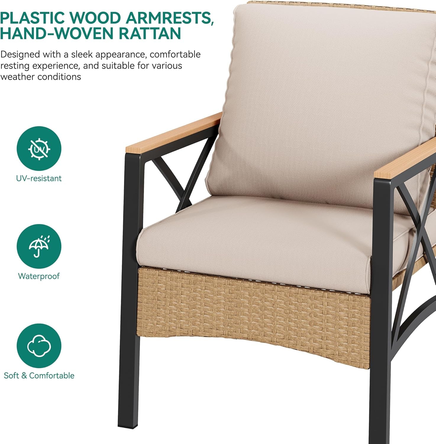 4-Piece Patio Wicker Furniture Set with Wood Armrest, All Weather Rattan Conversation Furniture Sets for Backyard, Balcony, Deck W/Soft Cushions and Plastic Wood Table (Light Brown+Beige)-3