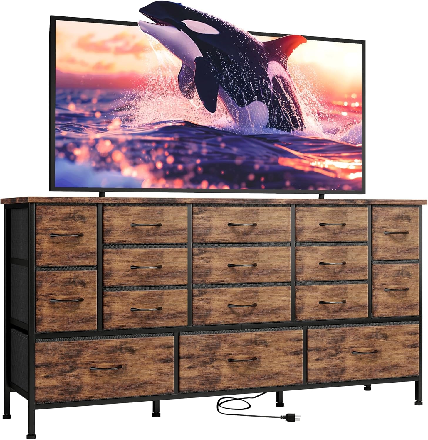 63.3 Inch TV Stand for Bedroom, 16 Large Drawer Dresser, Long TV Stand for 55, 65, 70 Inch TV with Power Outlets, Fabric Chest of Drawers for Bedroom, Living Room, Entryway, Rustic Brown-0