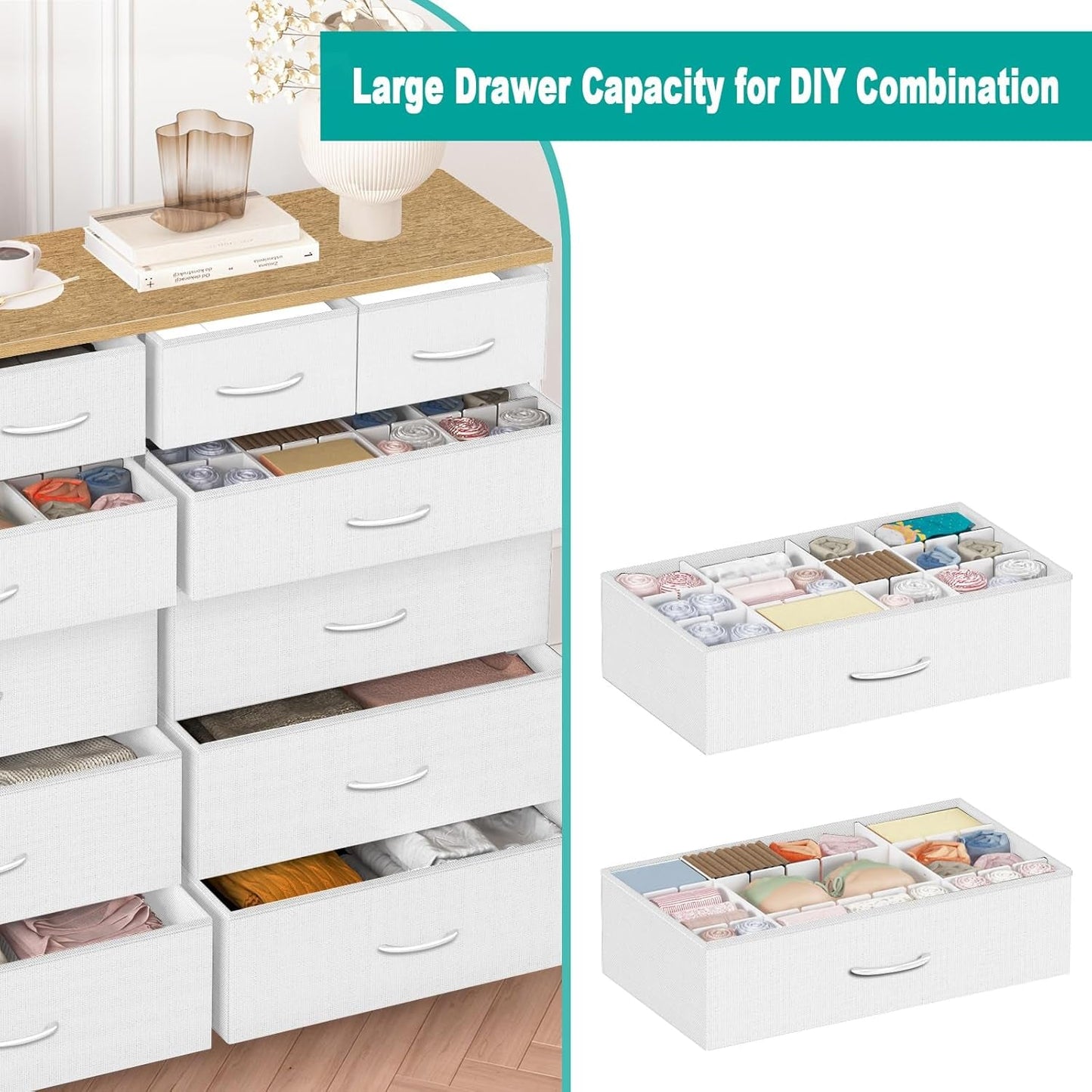 Compact 12 Drawers Dresser for Bedroom, Fabric Storage Tower, Chest of Drawers with Retro Wood Top for Closet, Nursery, Living Room-3