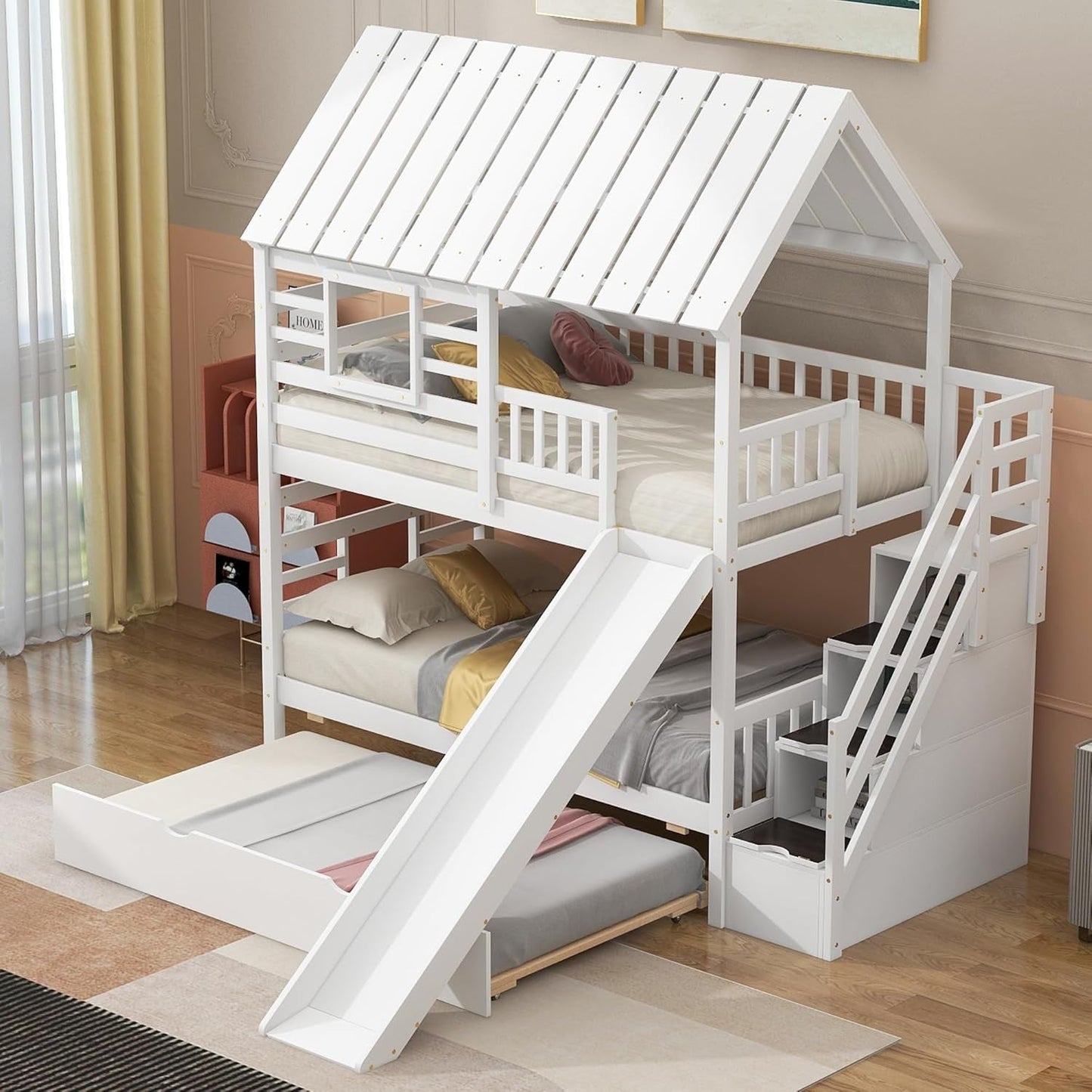 Kids Twin over Twin Bunk Beds with Slide and Trundle, Solid Wood Bunk Bed Frame with Stairs and Storage, Playhouse Bunk Bed with Roof and Window for Kids, Teens, Girls & Boys (White)-3