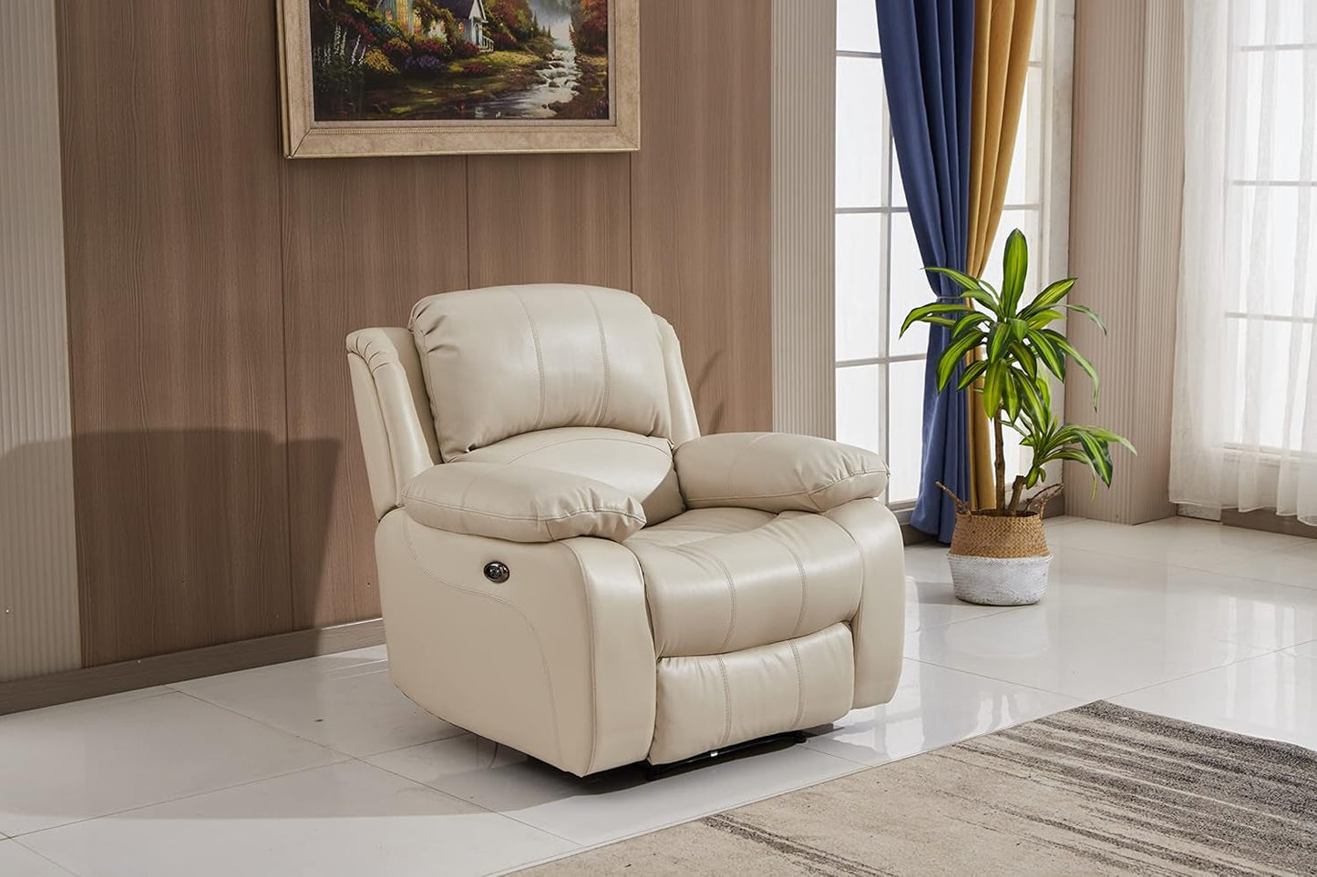 Power Reclining Bonded Leather Living Room Set (Beige, Power Recliner)-1
